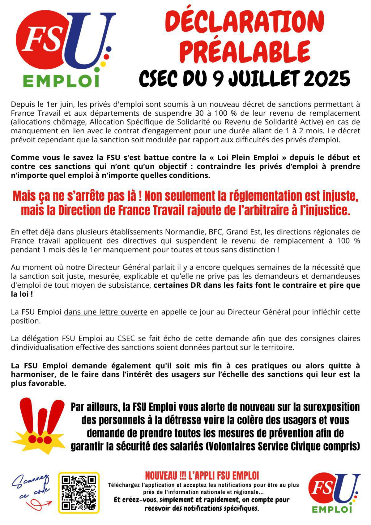 Déclaration préalable de la FSU Emploi au CSEC du 9 juillet