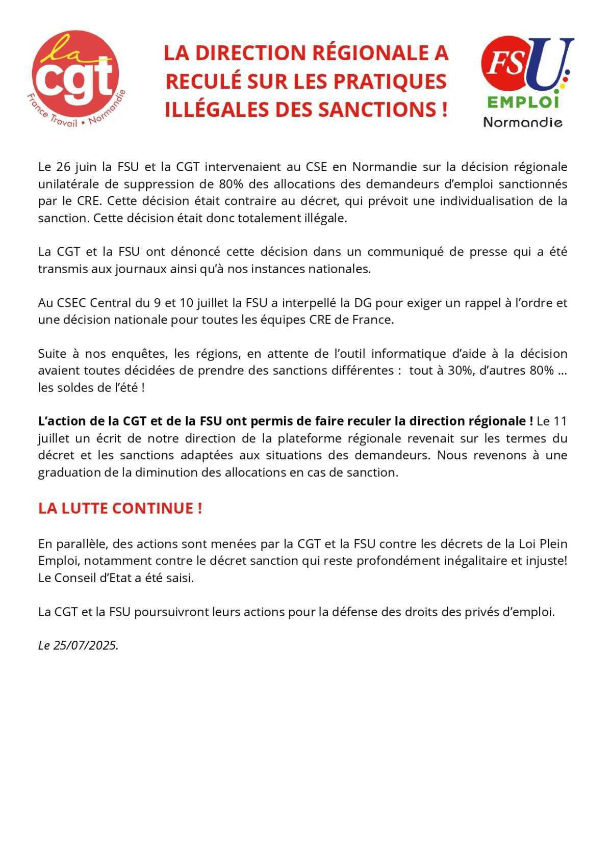 Communiqué CGT/FSU
