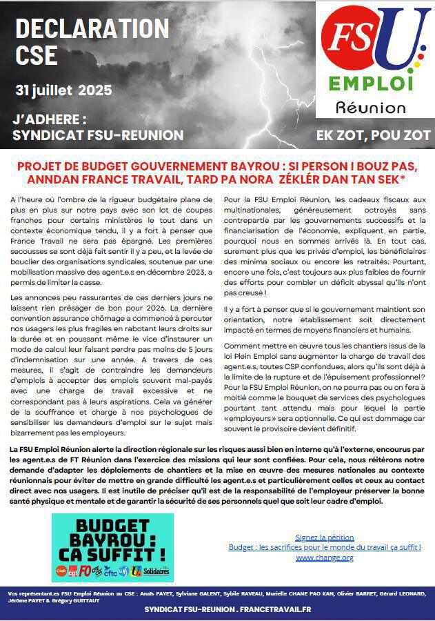 Déclaration de la FSU Emploi Réunion au CSE du 31 juillet 2025 Déclaration de la FSU Emploi Réunion au CSE du 31 juillet 2025