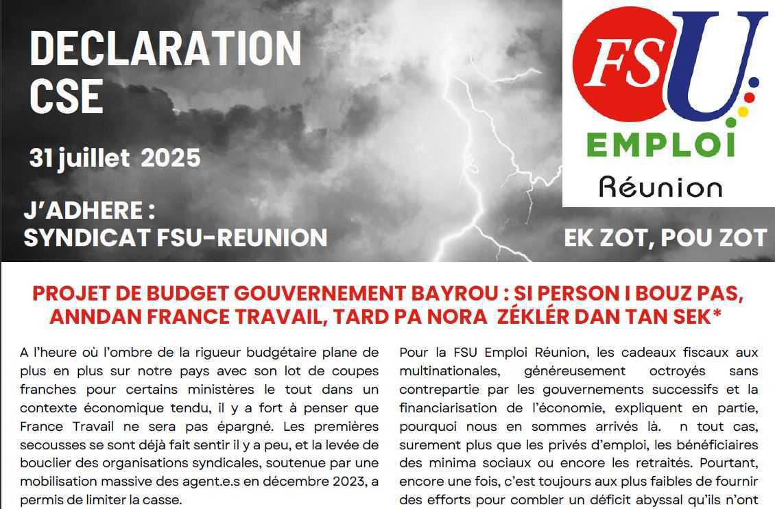 Déclaration de la FSU Emploi Réunion au CSE du 31 juillet 2025 Déclaration de la FSU Emploi Réunion au CSE du 31 juillet 2025