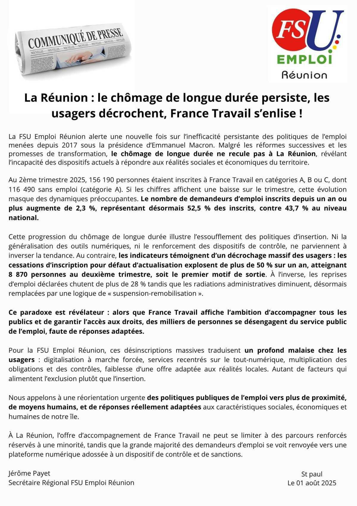 Communiqué de presse de la FSU Emploi Réunion du 1er août 25 
