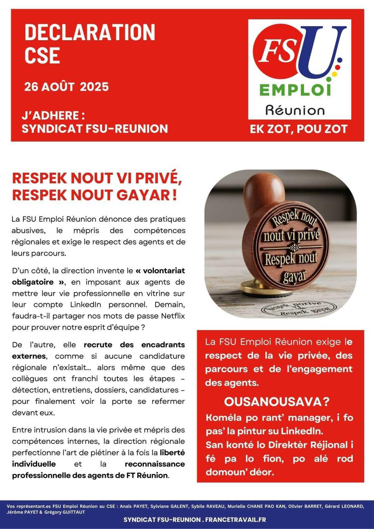 Déclaration de la FSU Emploi Réunion au CSE du 26 août 2025