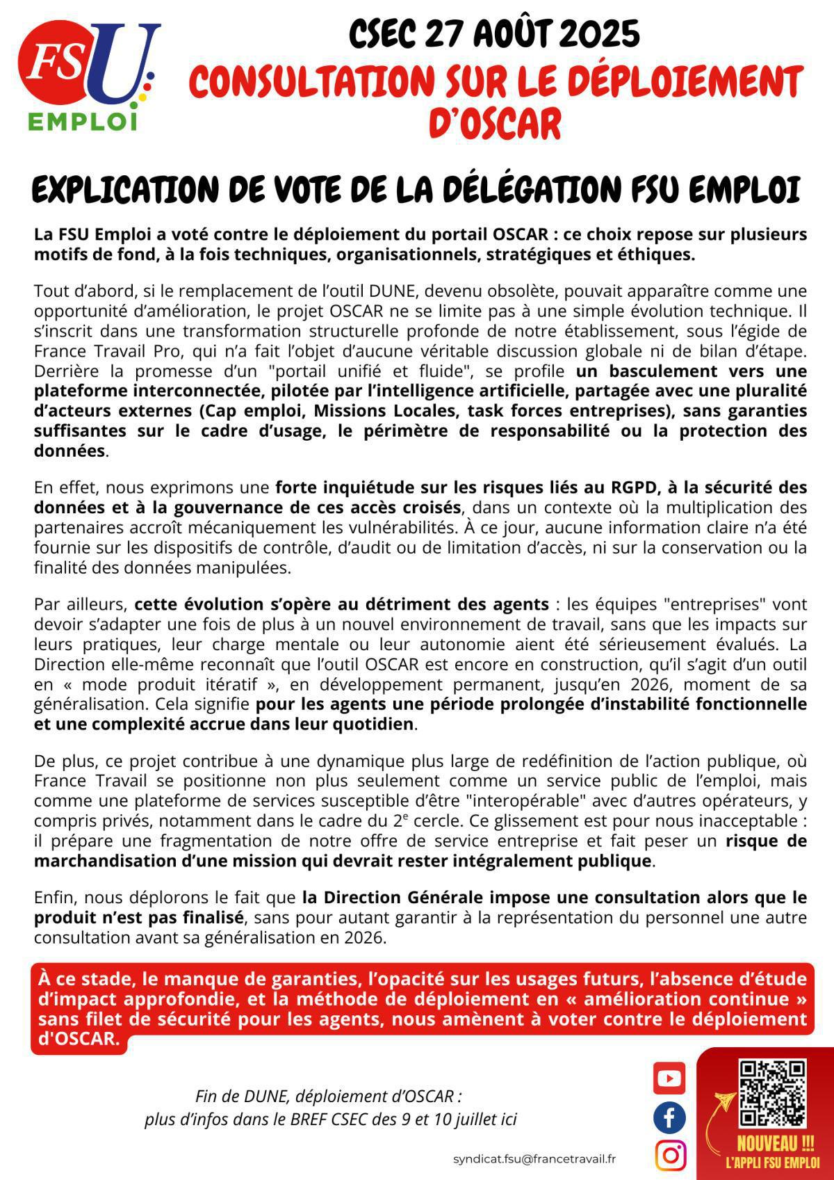 Déploiement d'OSCAR : consultation au CSEC Déploiement d'OSCAR : consultation au CSEC