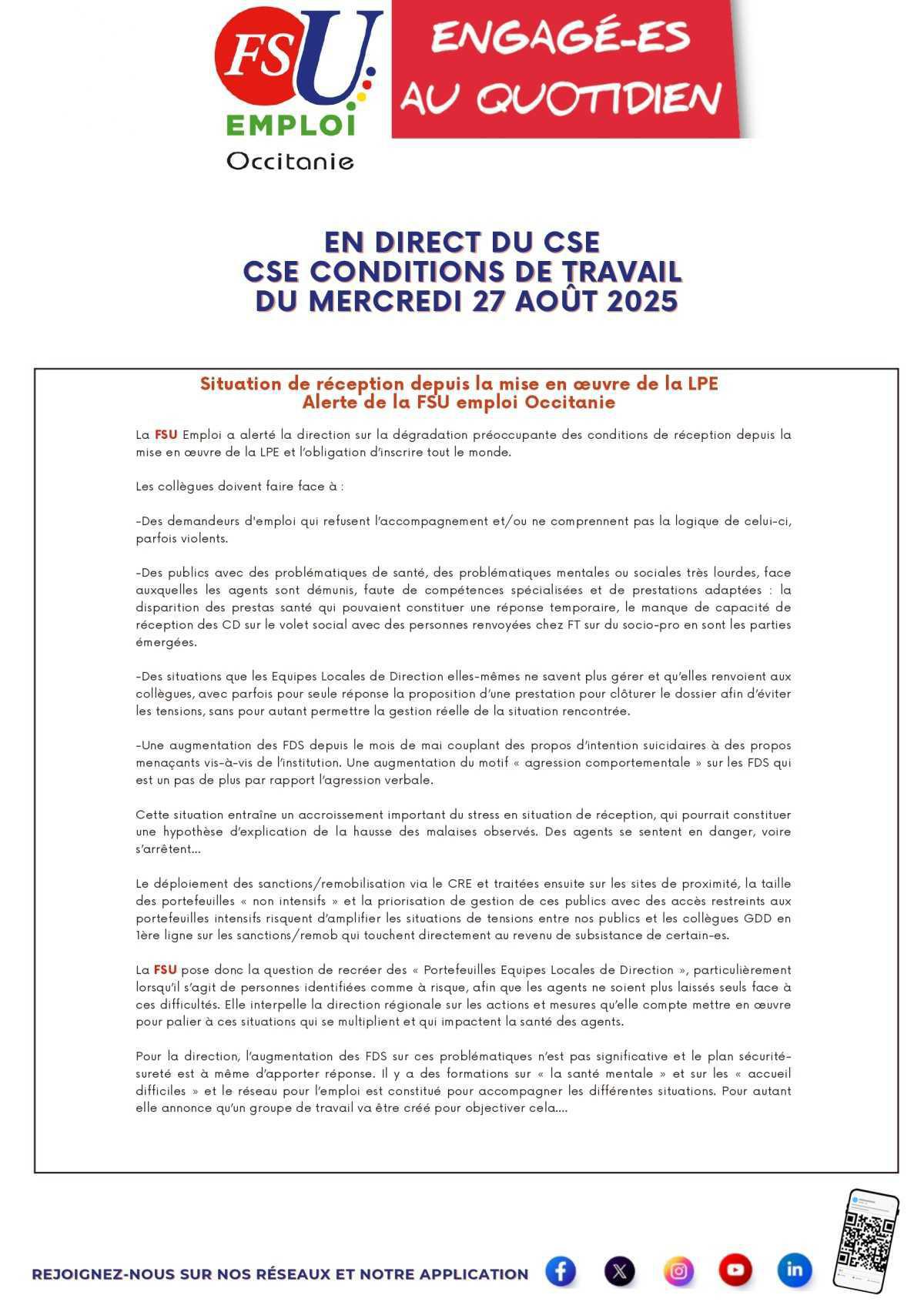 En Direct du CSE du mercredi 27 août 2025