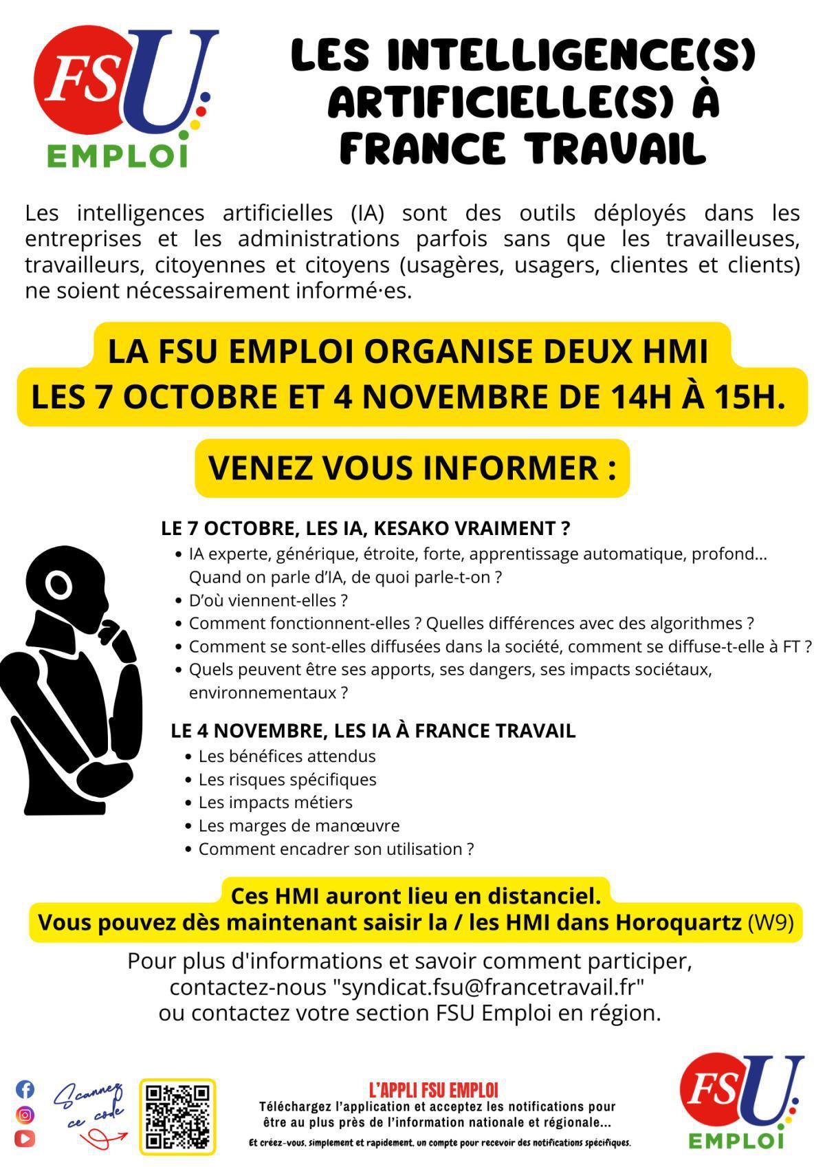 7 octobre et 4 novembre : HMI spécifiques Intelligence(s) Artificielle(s) à France Travail 