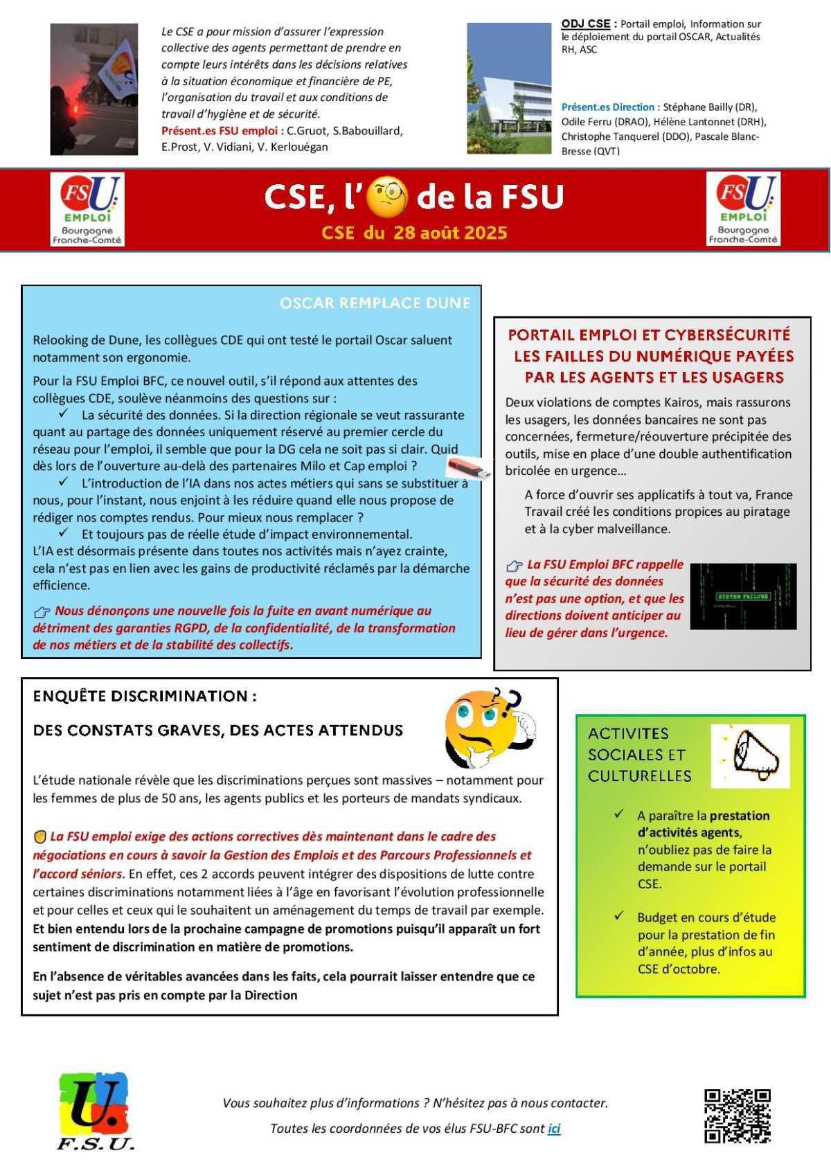 L'oeil de la FSU Emploi BFC - CSE Août 2025
