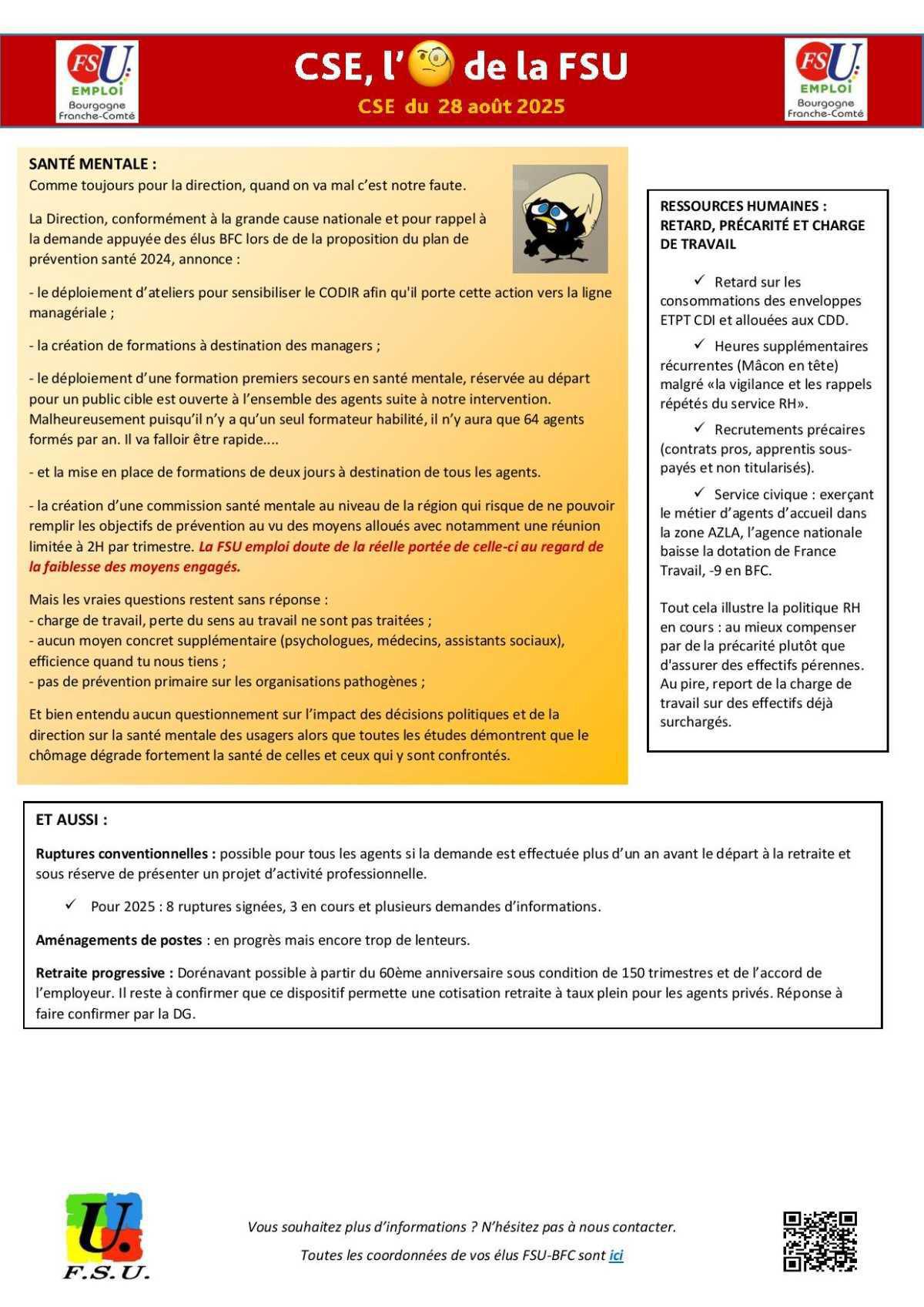 L'oeil de la FSU Emploi BFC - CSE Août 2025