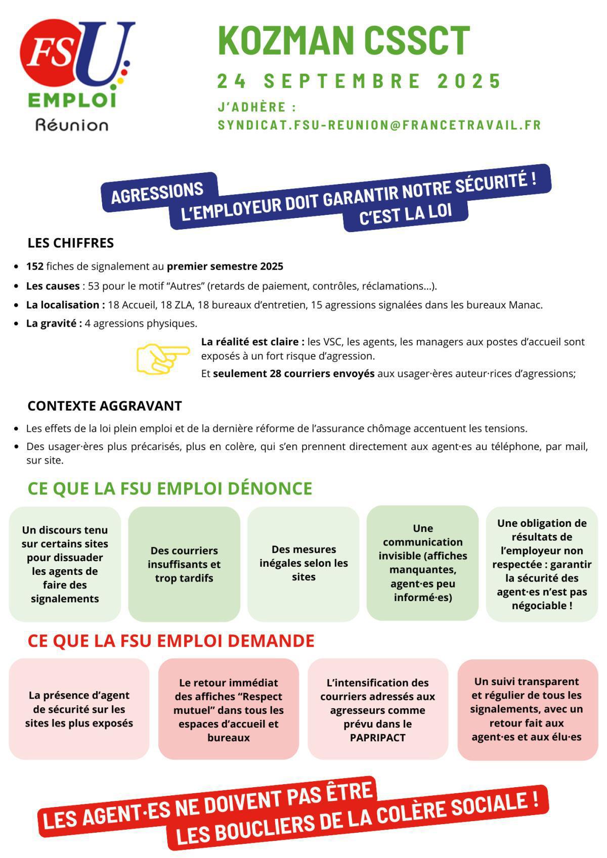Kozman CSSCT du 24 septembre 2025 : agressions, l'employeur doit garantir notre sécurité ! C'est la loi !