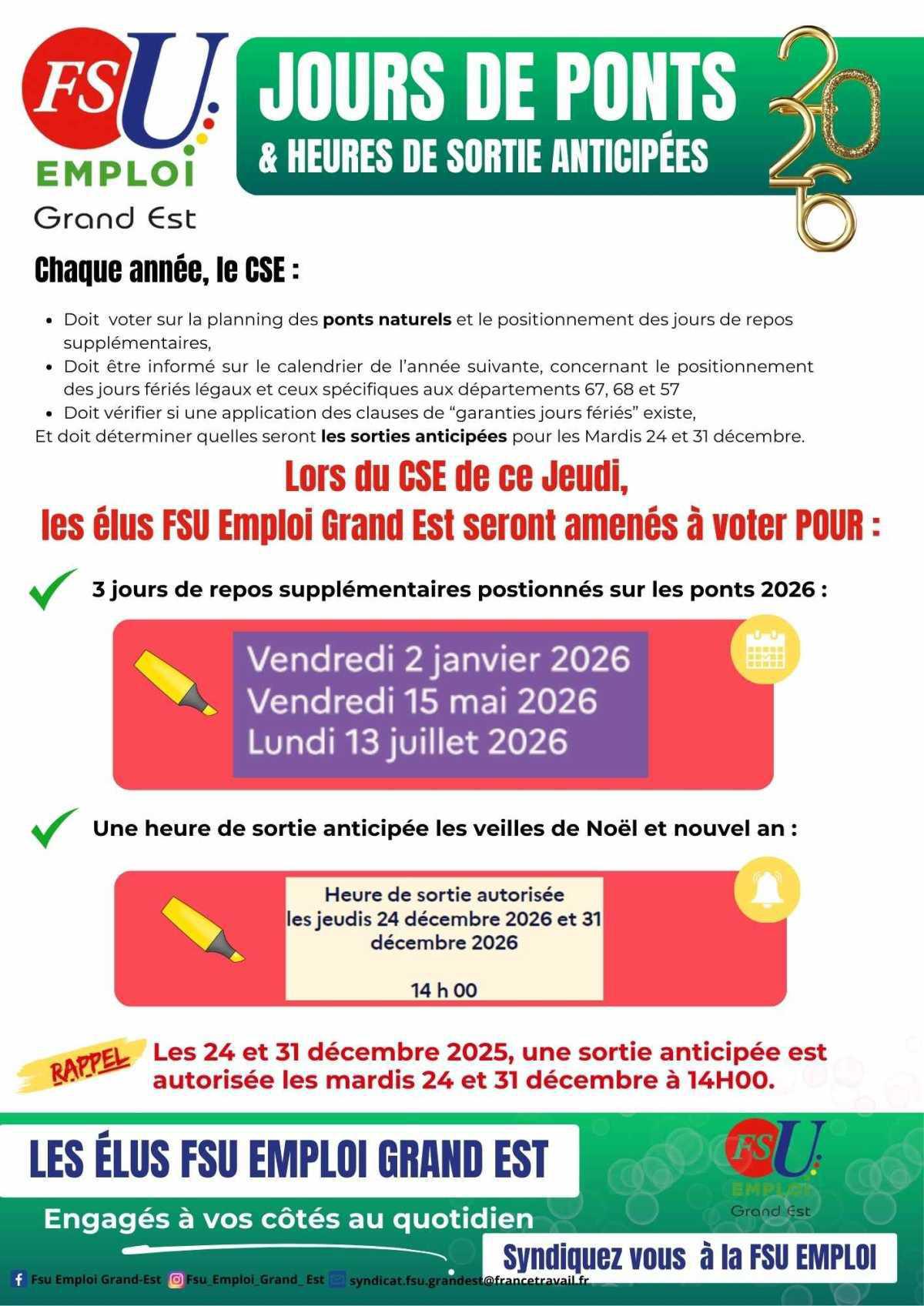 JOURS DE PONT & SORTIES ANTICIPEES 2026