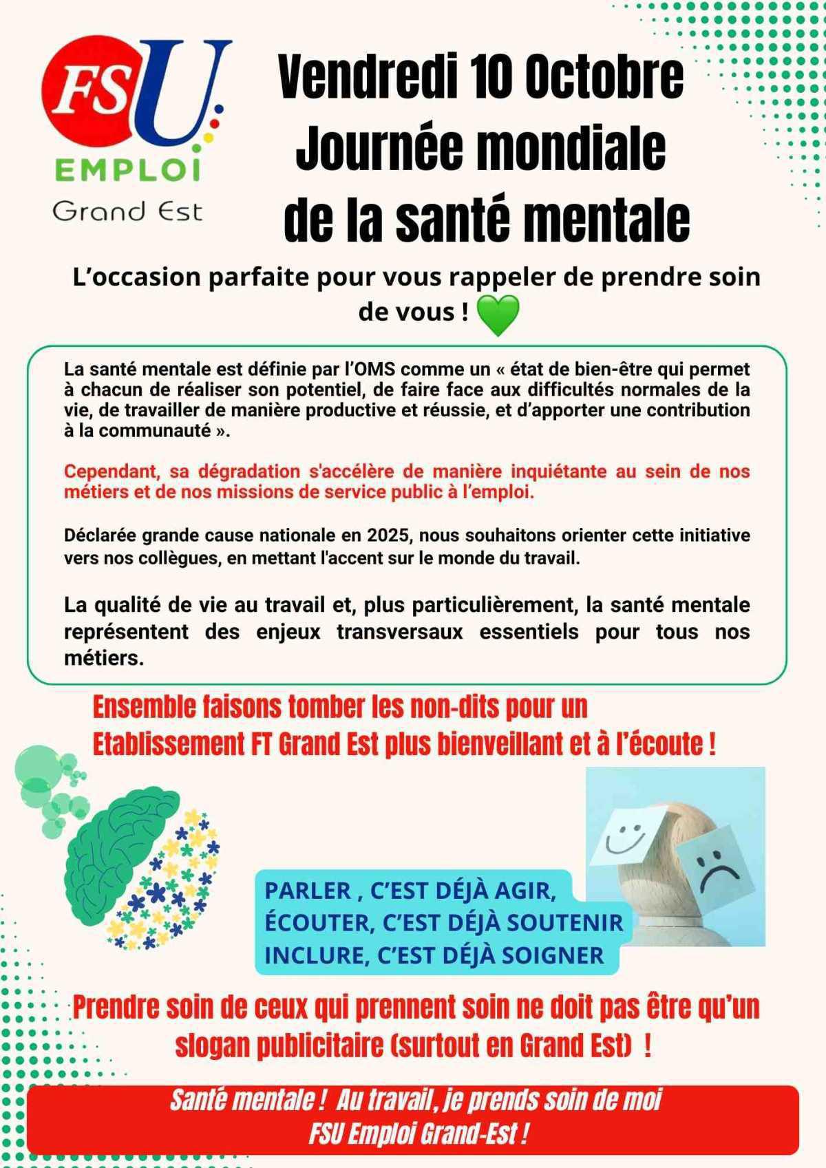 10 Octobre: JOURNEE DE LA SANTE MENTALE 