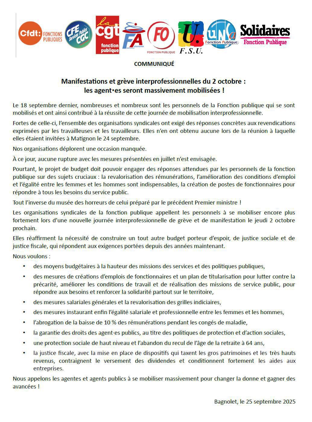 Communiqué Intersyndical nationale !