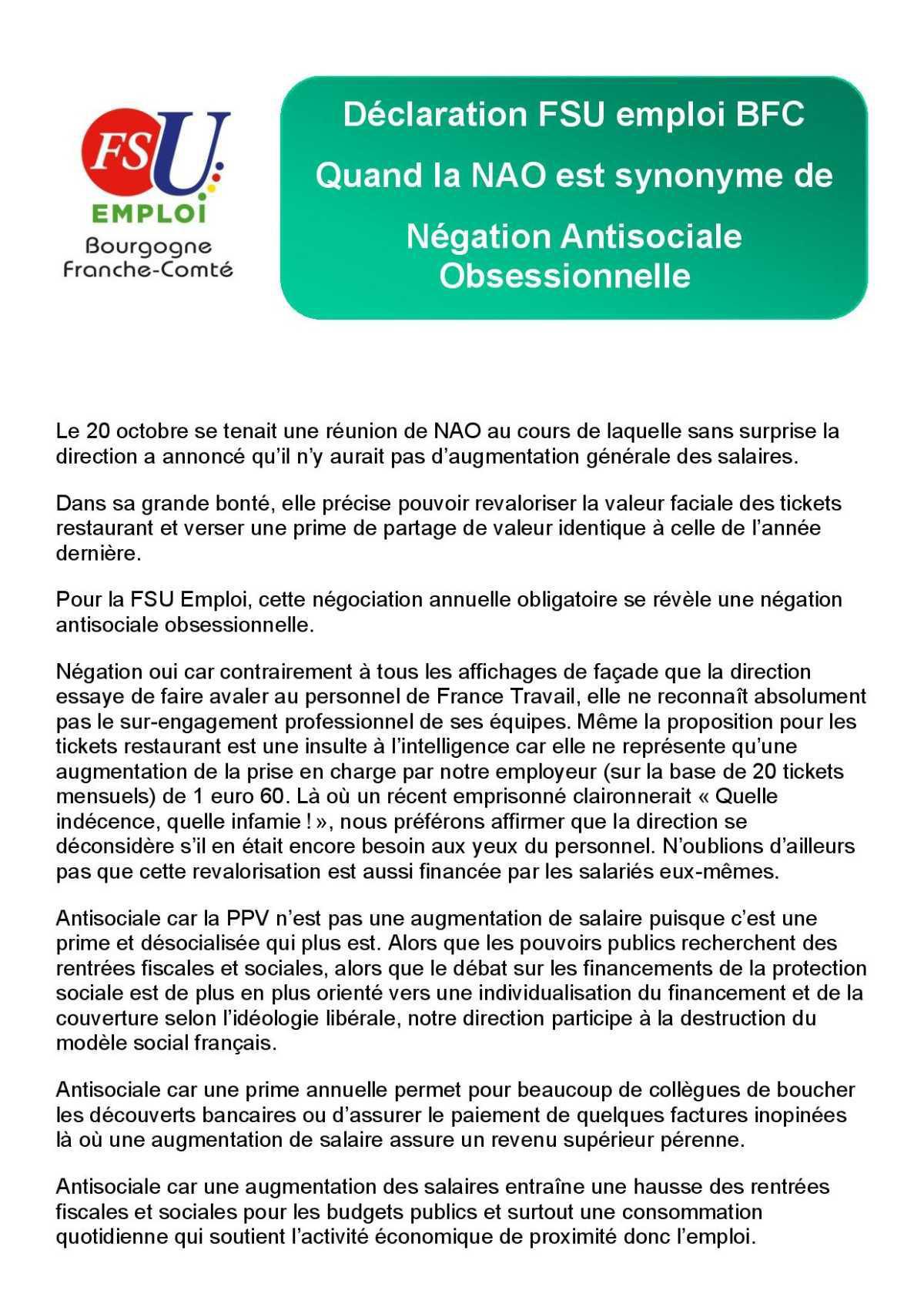 Déclaration FSU emploi BFC Quand la NAO est synonyme de Négation Antisociale Obsessionnelle  Déclaration FSU emploi BFC Quand la NAO est synonyme de Négation Antisociale Obsessionnelle