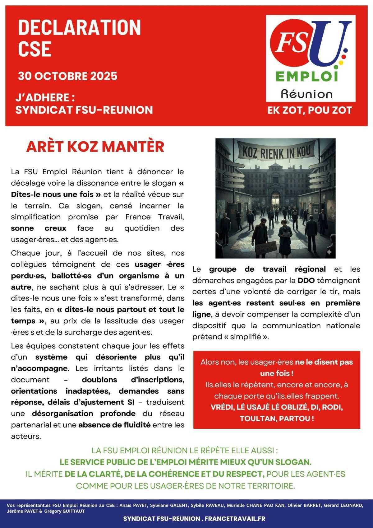 Déclaration de la FSU Emploi au CSE du 30 octobre 2025