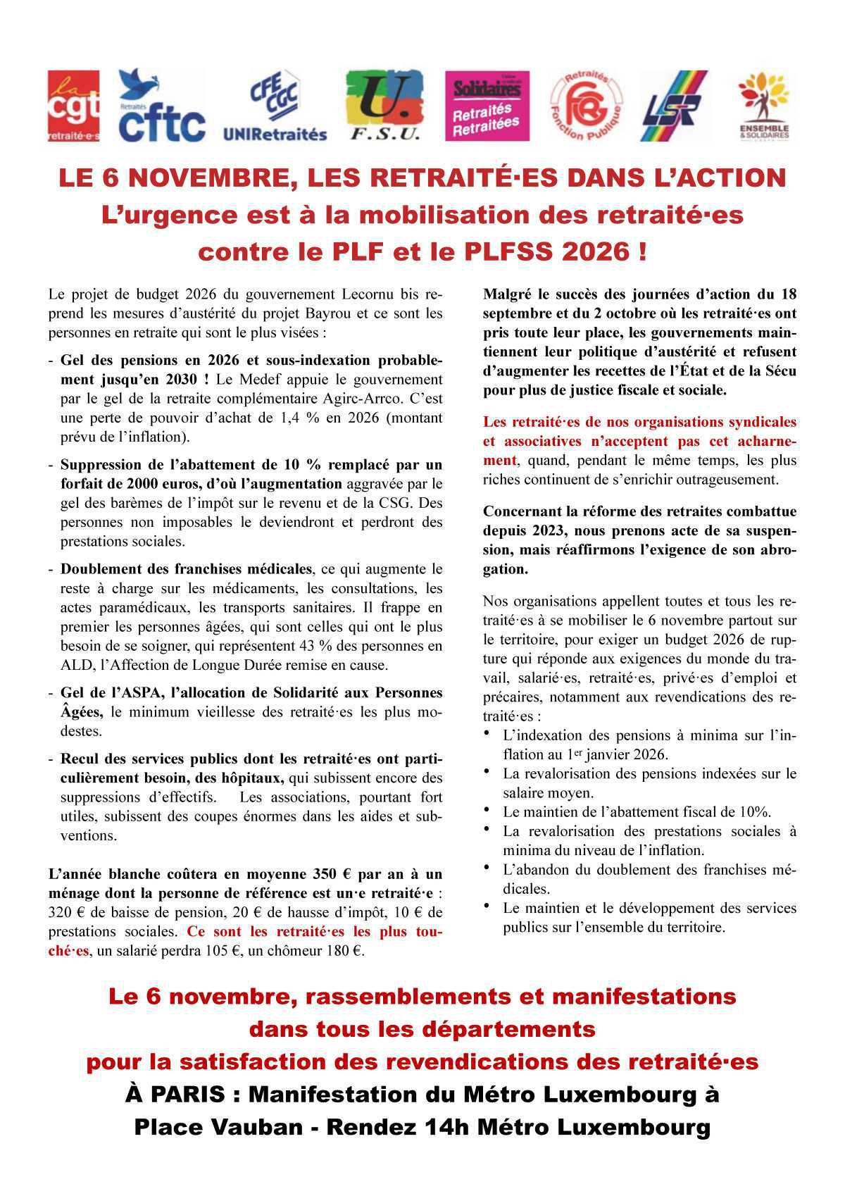 6 novembre : mobilisation des retraité.es 6 novembre : mobilisation des retraité.es