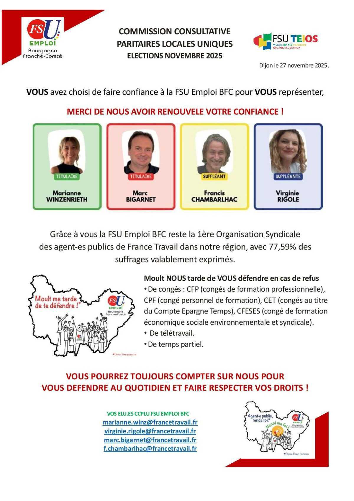 Elections CCPLU BFC 2025 : 4 élu.es FSU Emploi BFC Merci à vous 