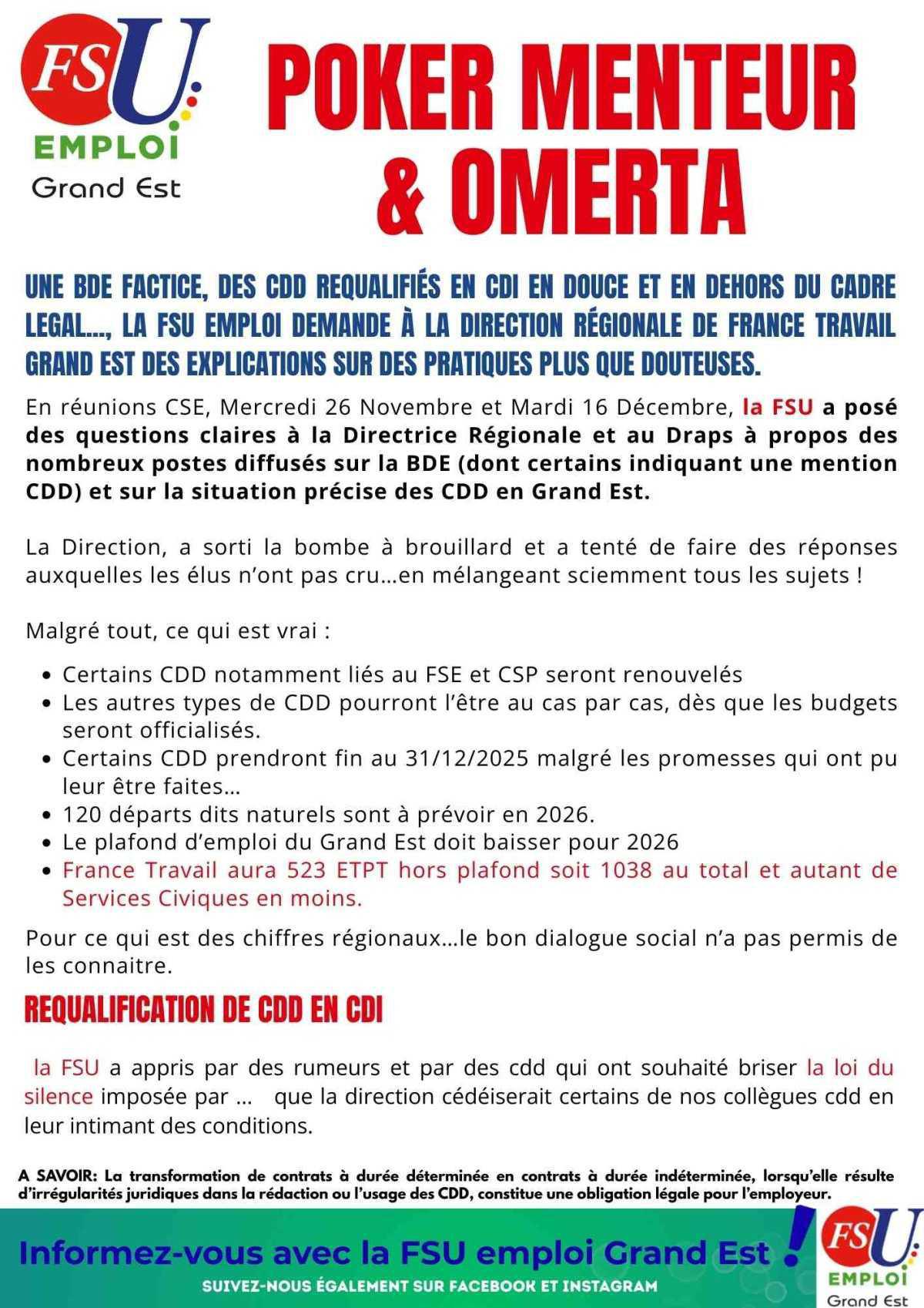 CDD & RECRUTEMENTS 2026 POKER MENTEUR et OMERTA 