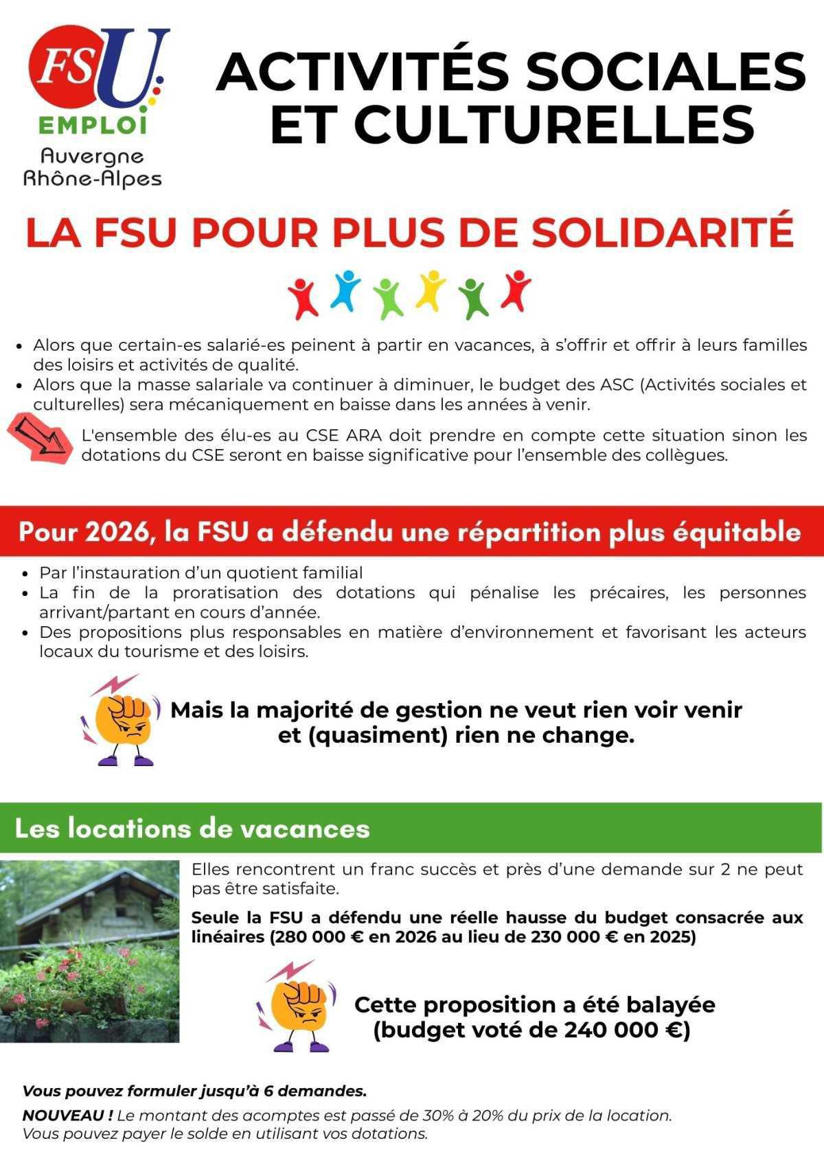 La FSU demande plus de solidarité en matière d' Activités Sociales et Culturelles