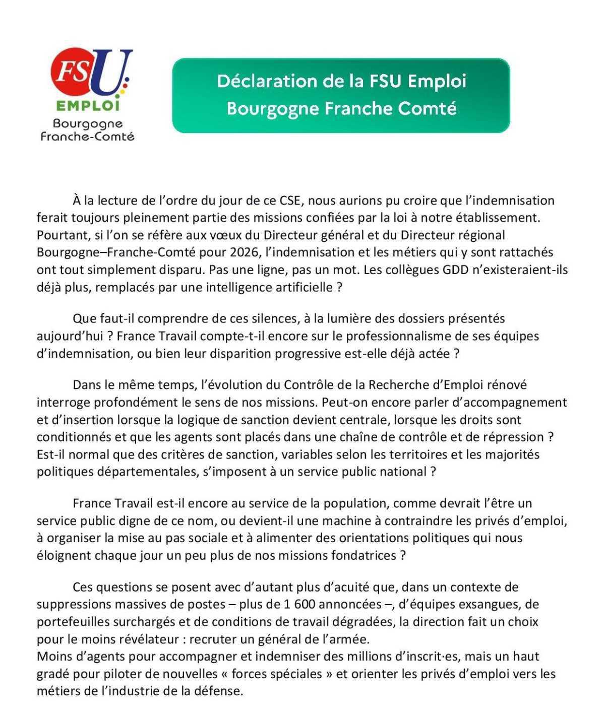 Déclaration FSU Emploi - CSE du 29 janvier 2026 Déclaration FSU Emploi - CSE du 29 janvier 2026