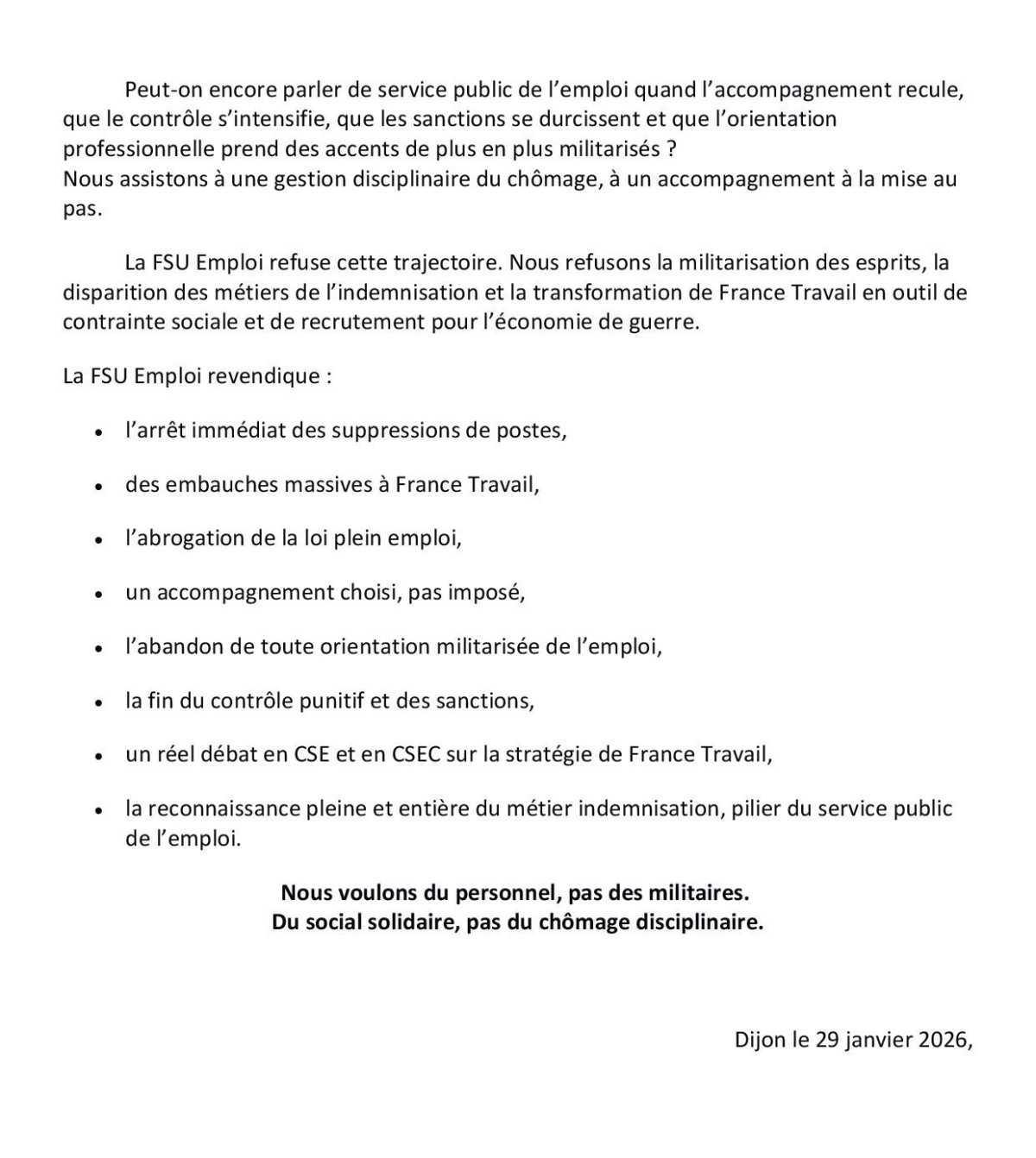 Déclaration FSU Emploi - CSE du 29 janvier 2026 Déclaration FSU Emploi - CSE du 29 janvier 2026