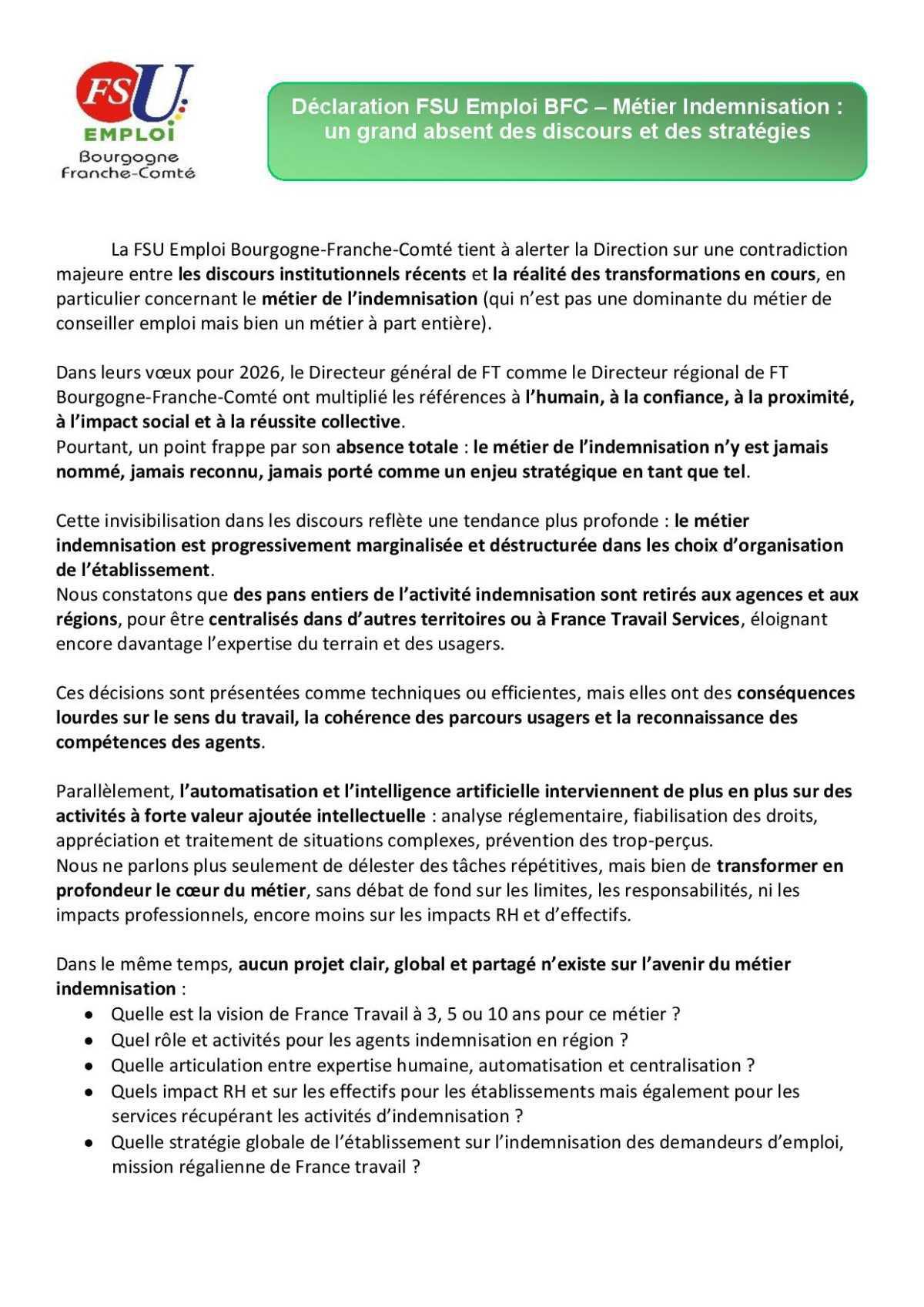 Déclaration FSU Emploi - Métier Indemnisation - CSE 29 janvier 2026