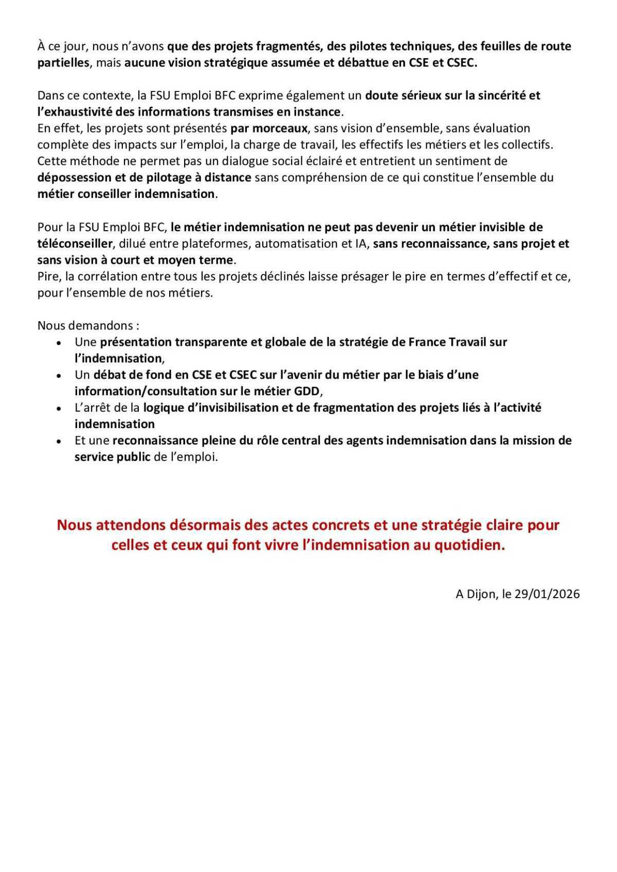 Déclaration FSU Emploi - Métier Indemnisation - CSE 29 janvier 2026
