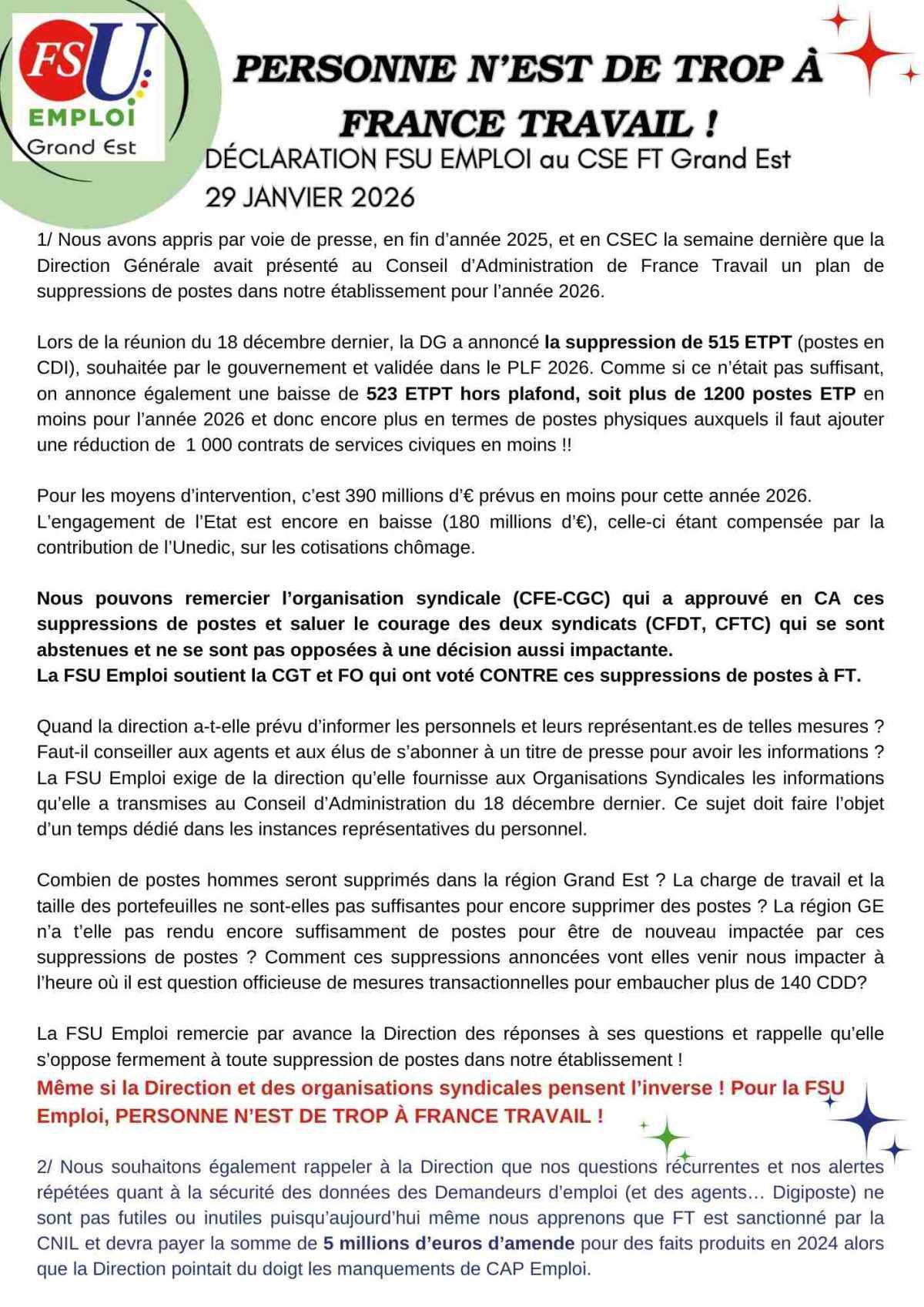 Déclaration FSU au CSE du 29/01