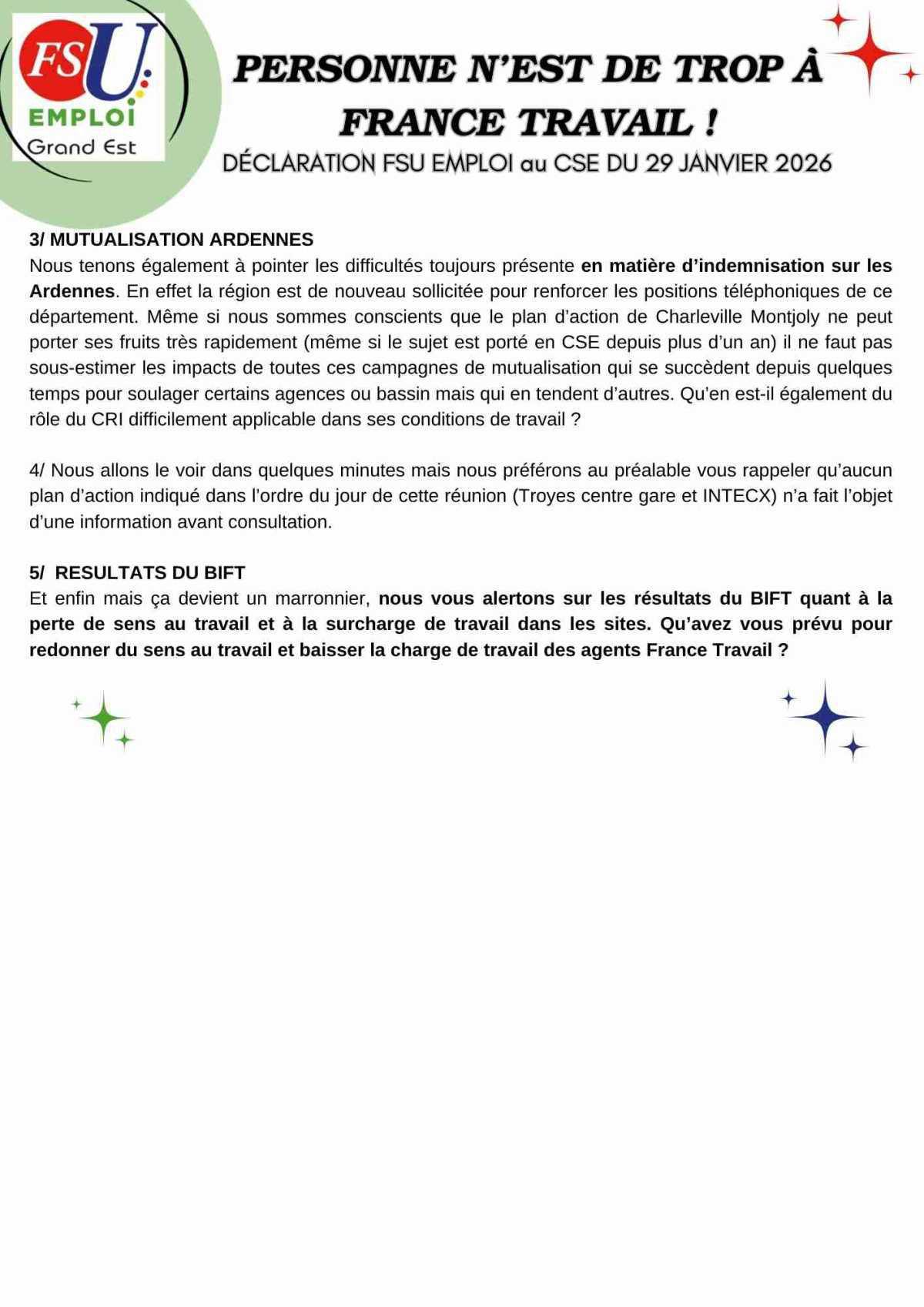 Déclaration FSU au CSE du 29/01