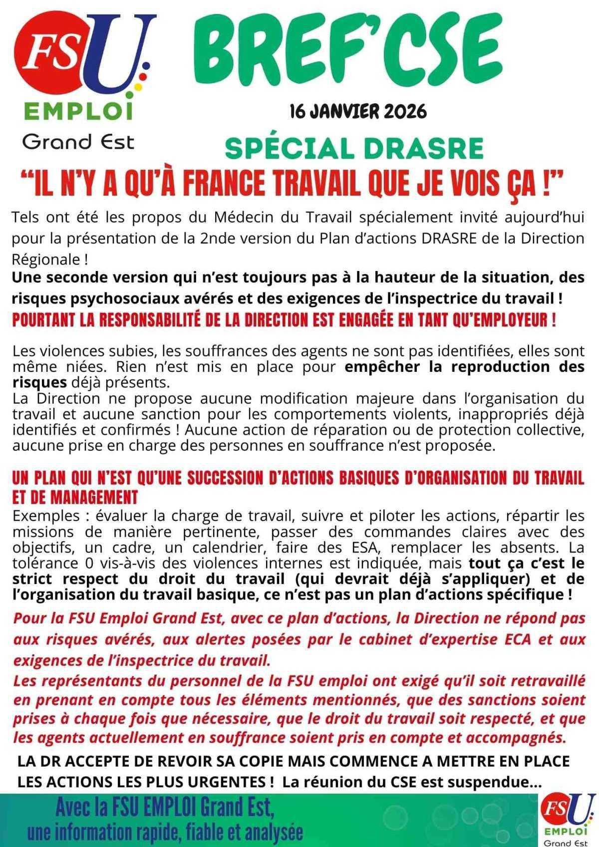 BREF 'CSE 16 Janvier spécial DRASRE 