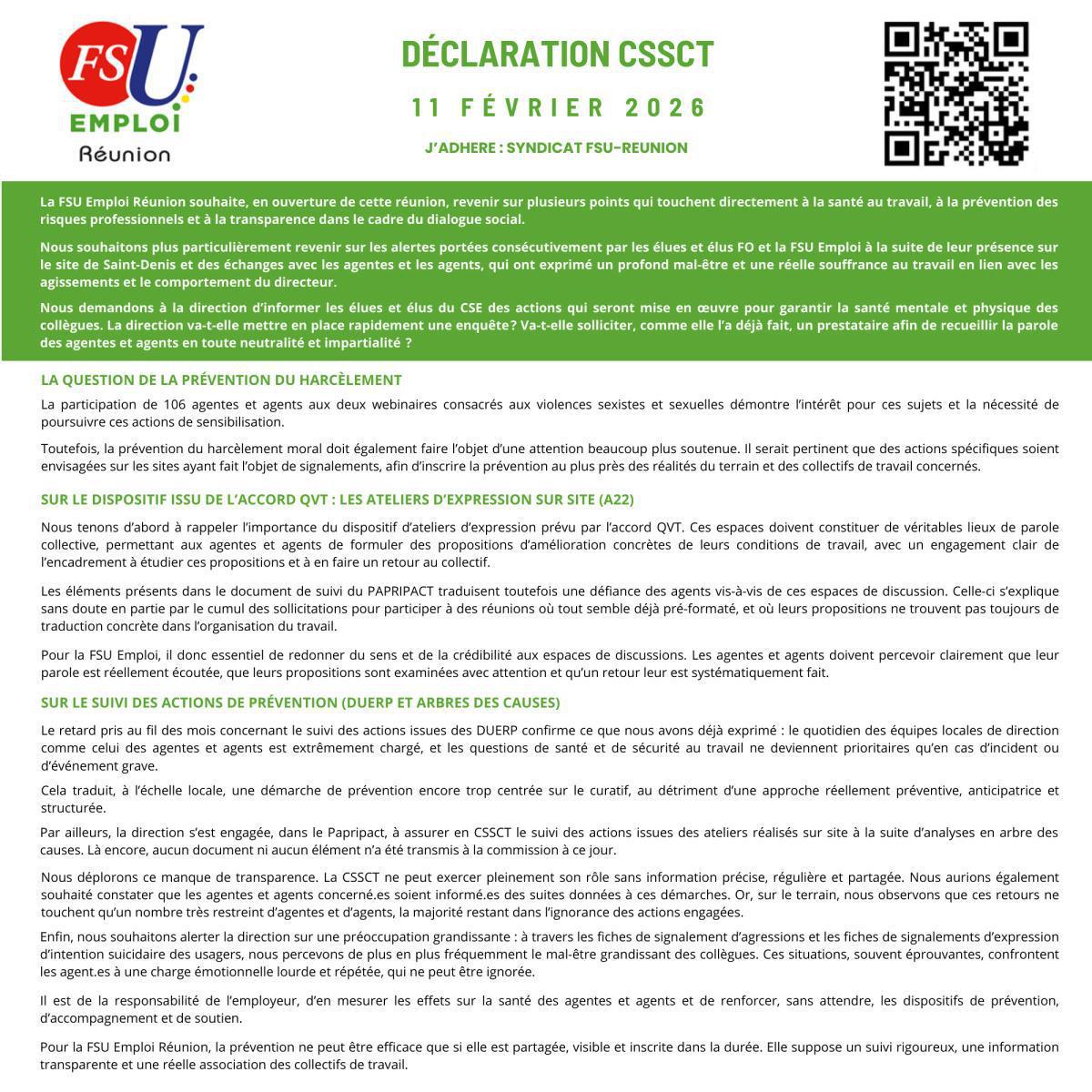 Déclaration de la FSU Emploi à la CSSCT du 11 février 2026