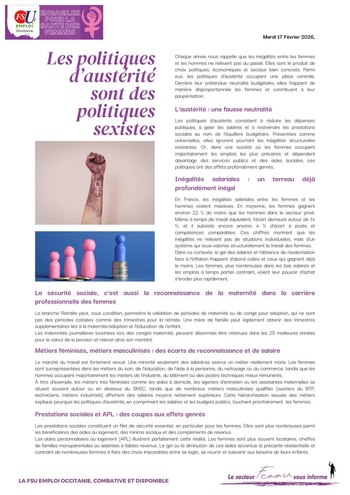 Secteur Femmes : Dossier spécial 2026 "Budgets austéritaires = budgets sexistes" 