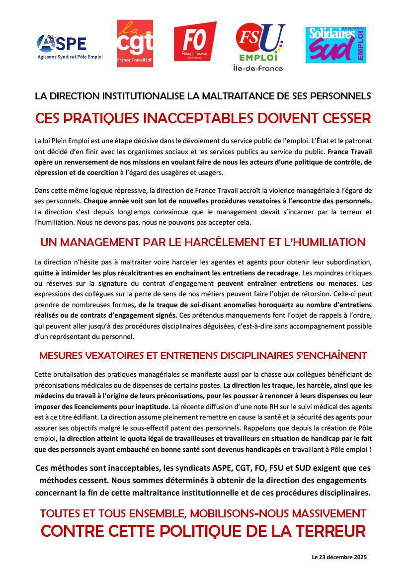LA DIRECTION INSTITUTIONALISE LA MALTRAITANCE DE SES PERSONNELS