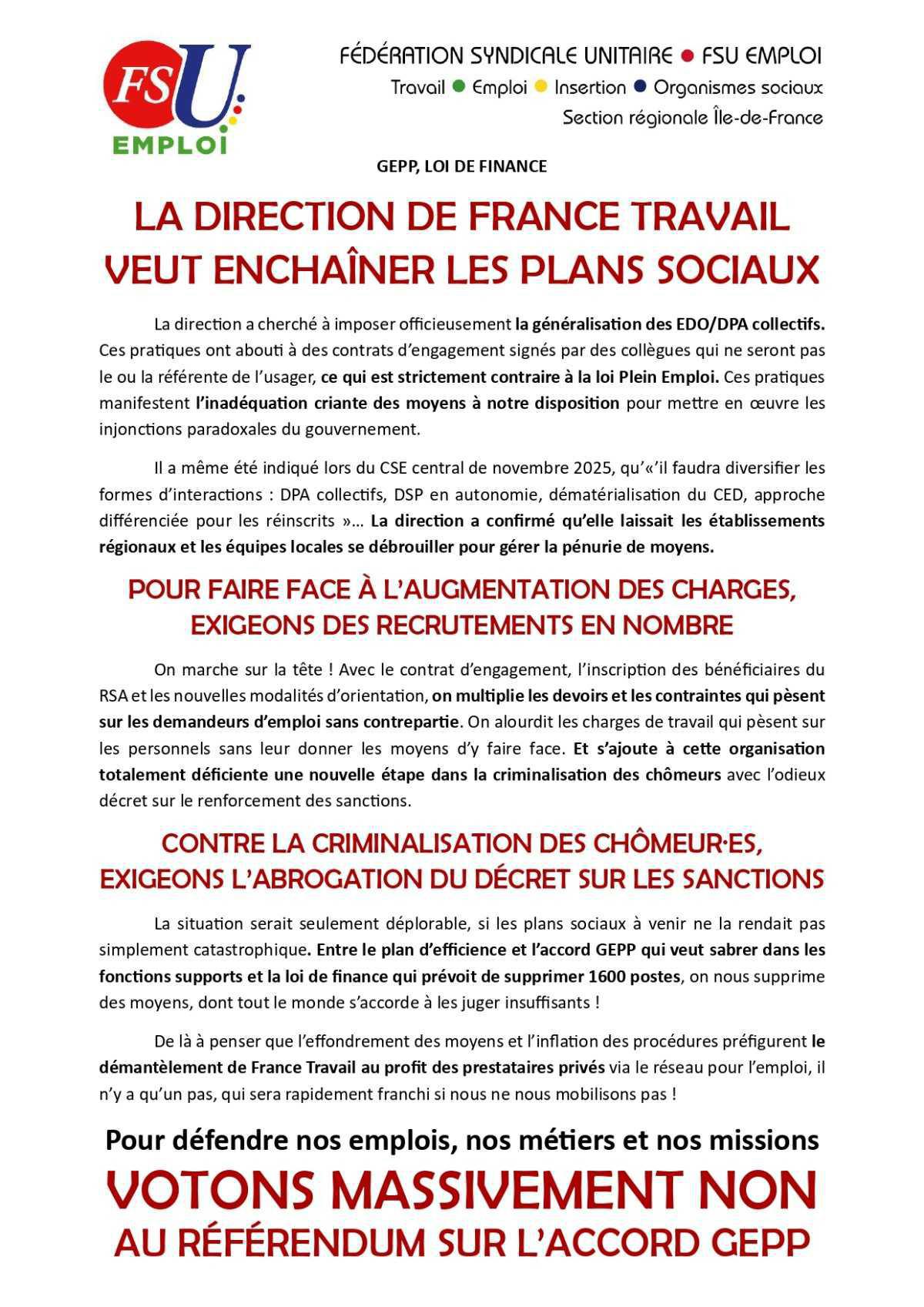 LA DIRECTION DE FRANCE TRAVAIL VEUT ENCHAÎNER LES PLANS SOCIAUX