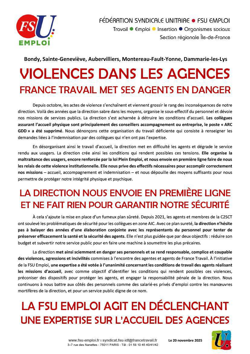 FRANCE TRAVAIL MET SES AGENTS EN DANGER