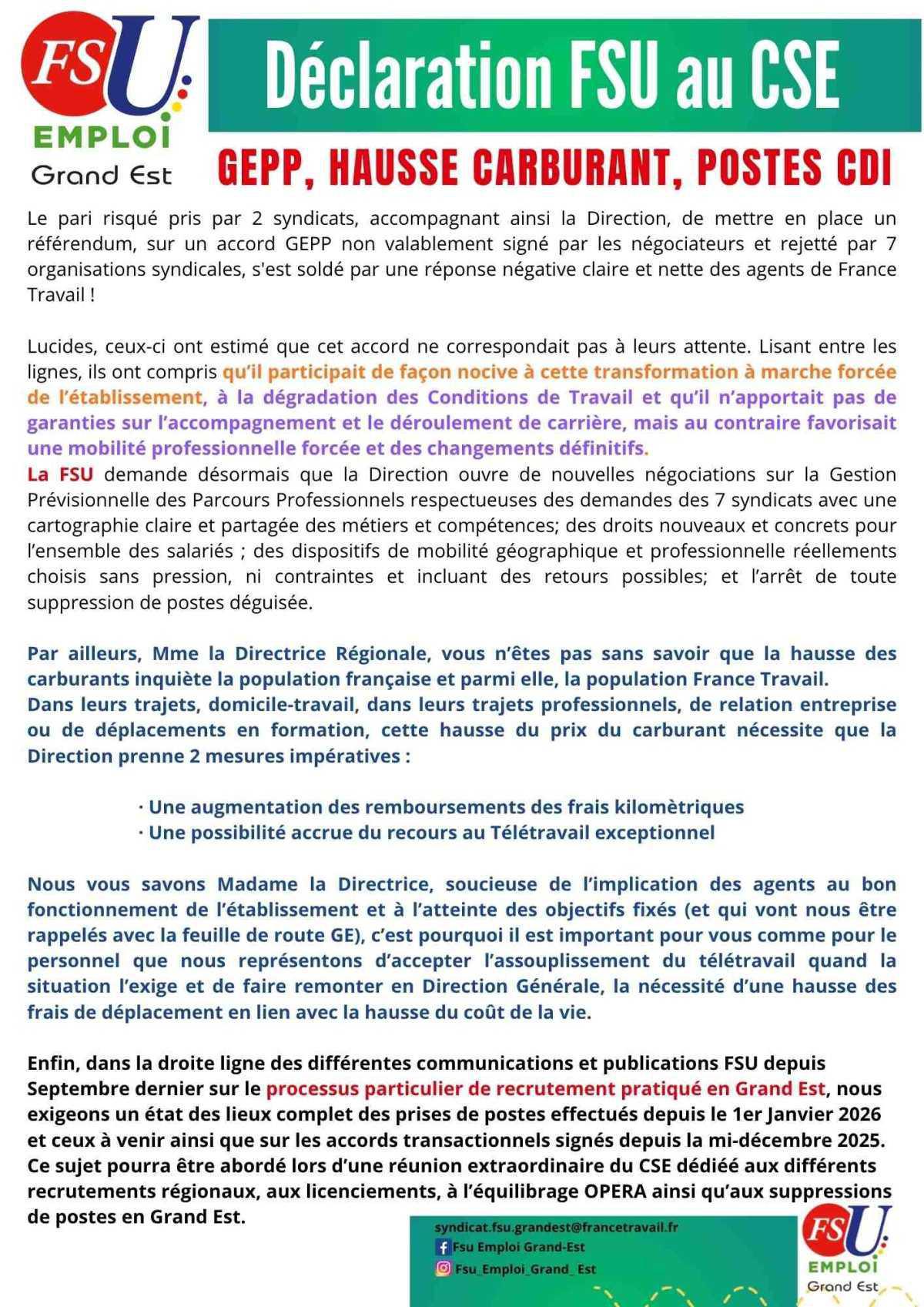 Déclaration d'actualités au CSE de Mars 2026