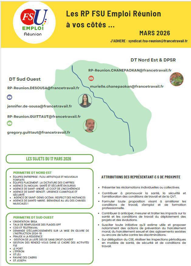 Les RP FSU Emploi Réunion à vos côtés. Mars 2026 Les RP FSU Emploi Réunion à vos côtés. Mars 2026