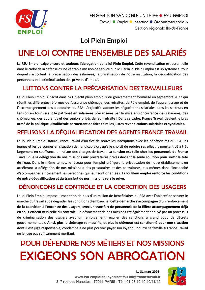 LOI PLEIN EMPLOI : UNE LOI CONTRE L'ENSEMBLE DES SALARIÉS LOI PLEIN EMPLOI : UNE LOI CONTRE L'ENSEMBLE DES SALARIÉS