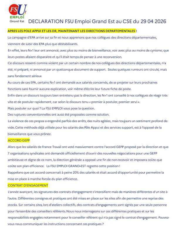 Déclaration FSU CSE 29/04/26