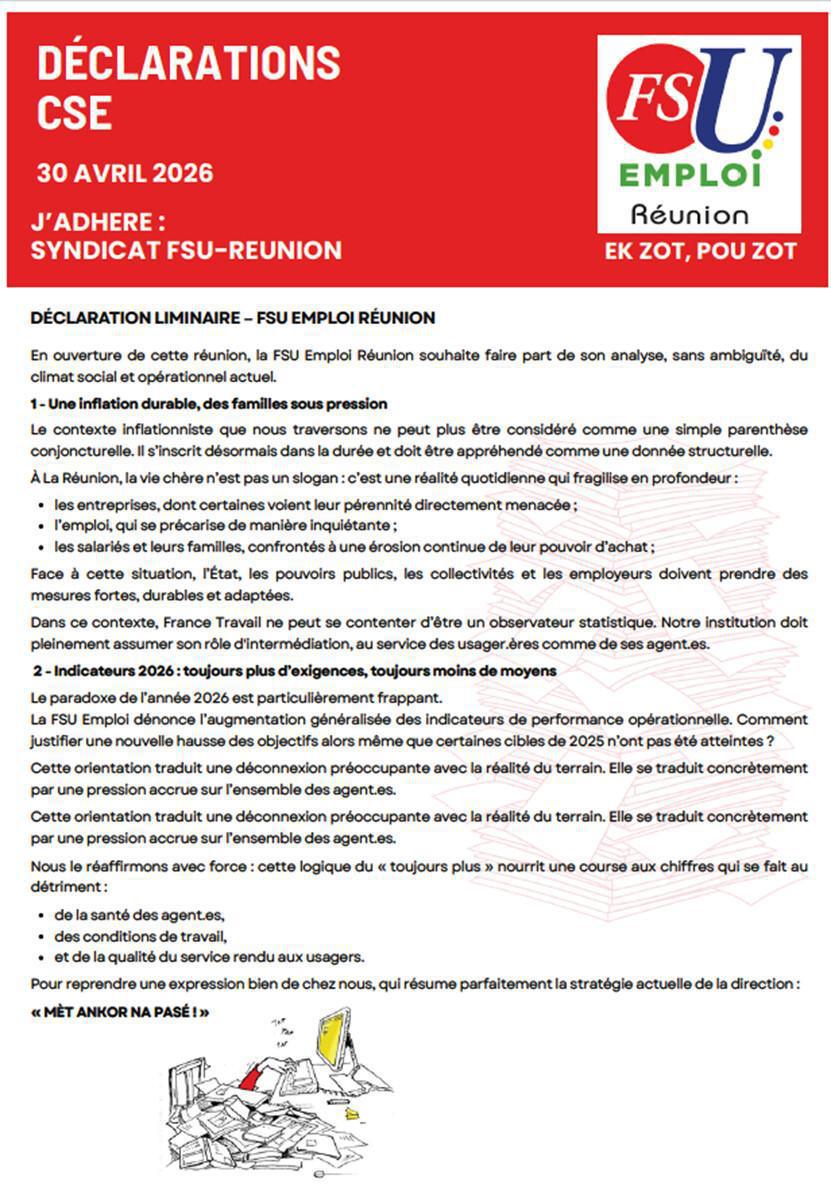 Déclarations de la FSU Emploi Réunion au CSE du 30 avril 2026