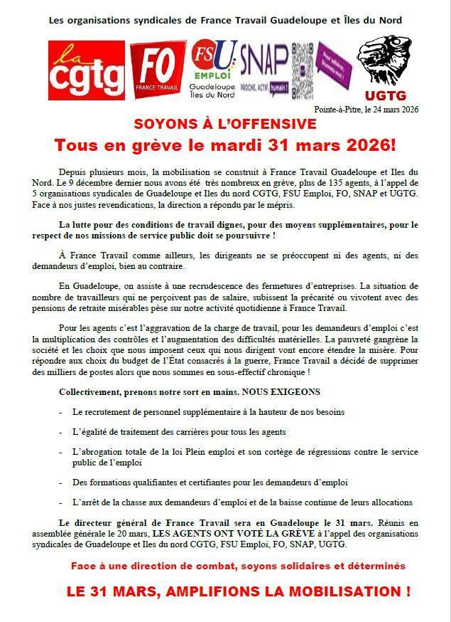 MOBILISATION A FRANCE TRAVAIL GUADELOUPE ET ILES DU NORD