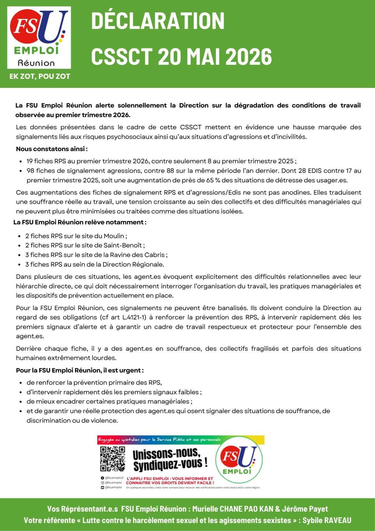 Déclaration de la FSU Emploi Réunion à la CSSCT du 20 mai 2026