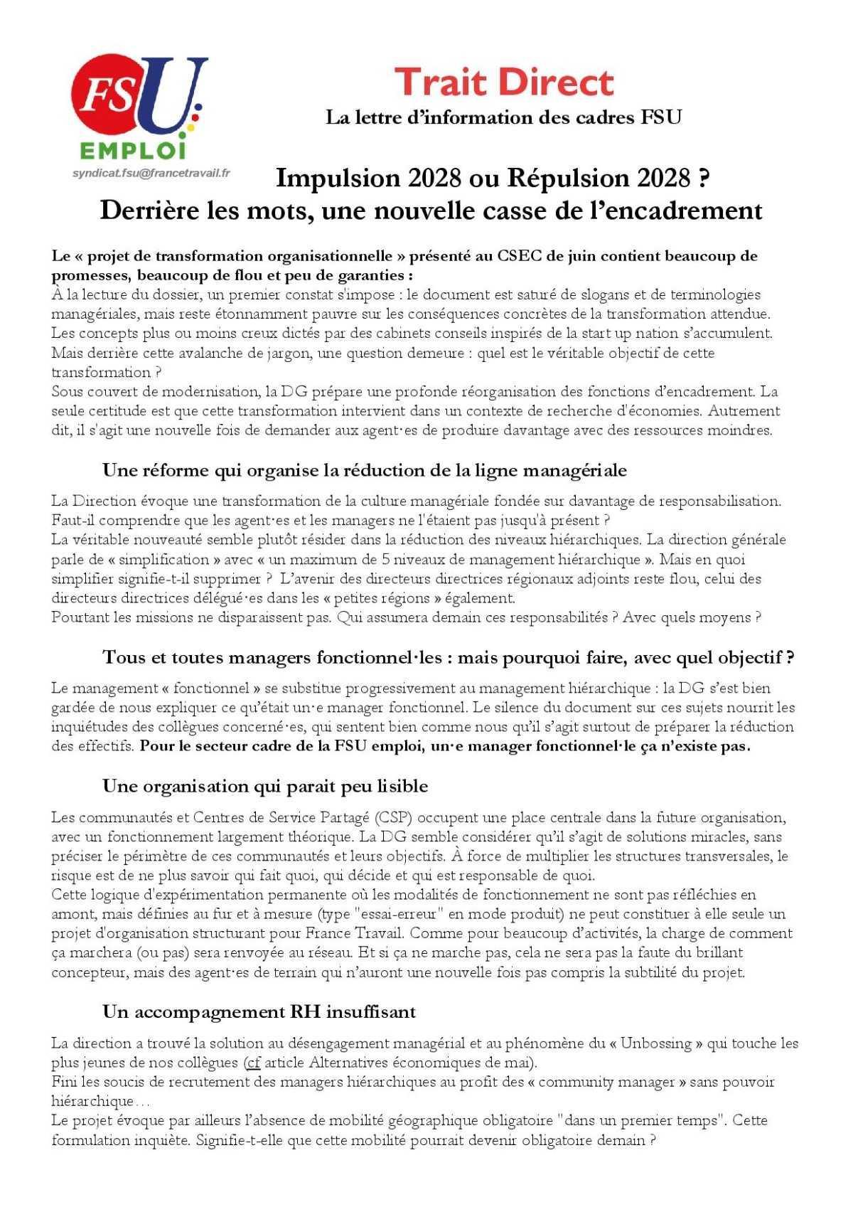 Trait Direct : Impulsion 2028 ou Répulsion 2028 ? Derrière les mots, une nouvelle casse de l’encadrement