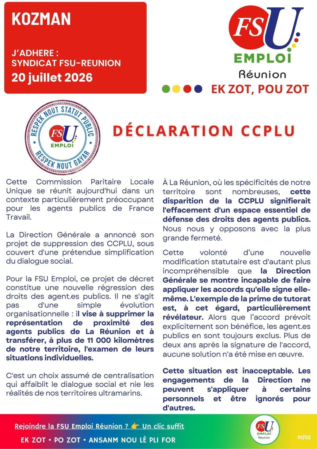 KOZMAN : Déclaration CCPLU 
