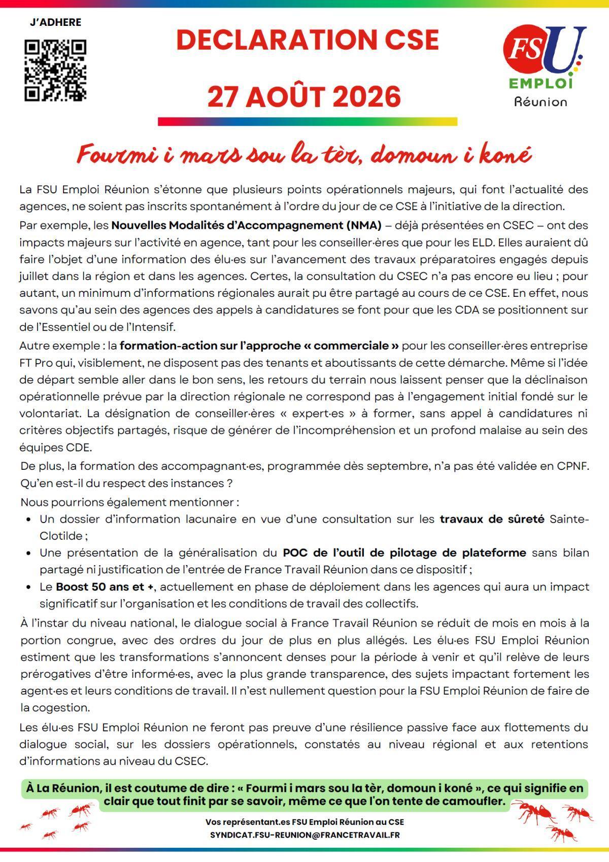 Déclaration de la FSU Emploi Réunion au CSE du 27 août 2026 : Fourmi i mars sou la tèr, domoun i koné 