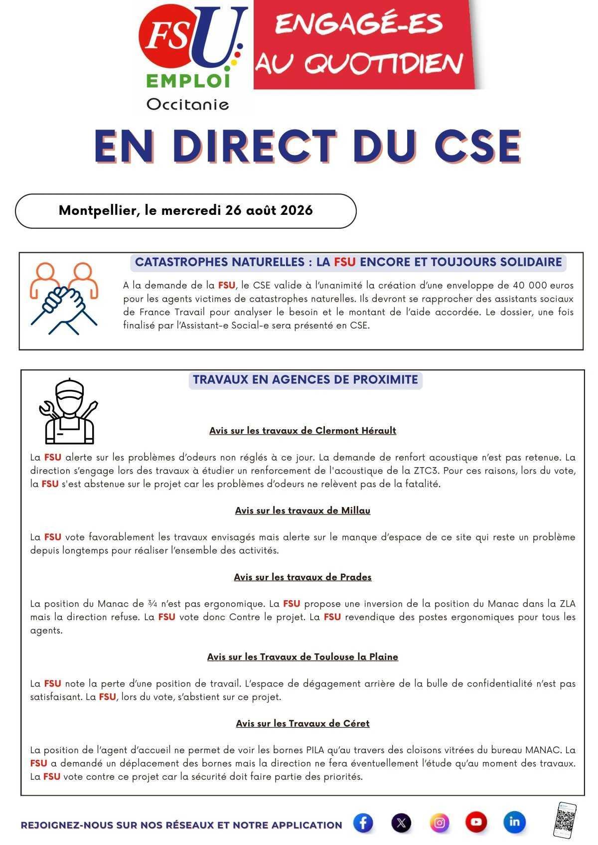 En Direct du CSE 26 août 2026 spécial conditions de travail