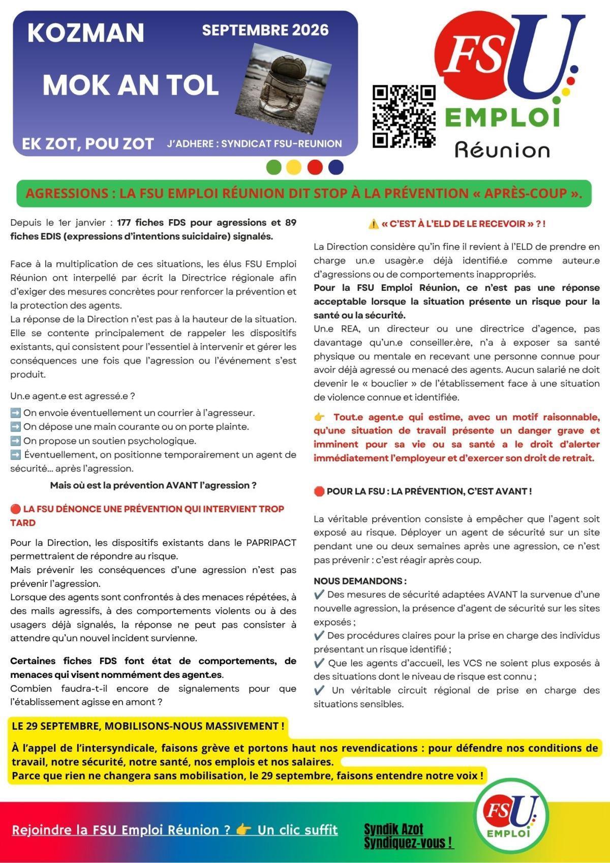 Kozman Mok an tol : Agressions - la FSU Emploi Réunion dit stop à la prévention « après-coup ». Kozman Mok an tol : Agressions - la FSU Emploi Réunion dit stop à la prévention « après-coup ».