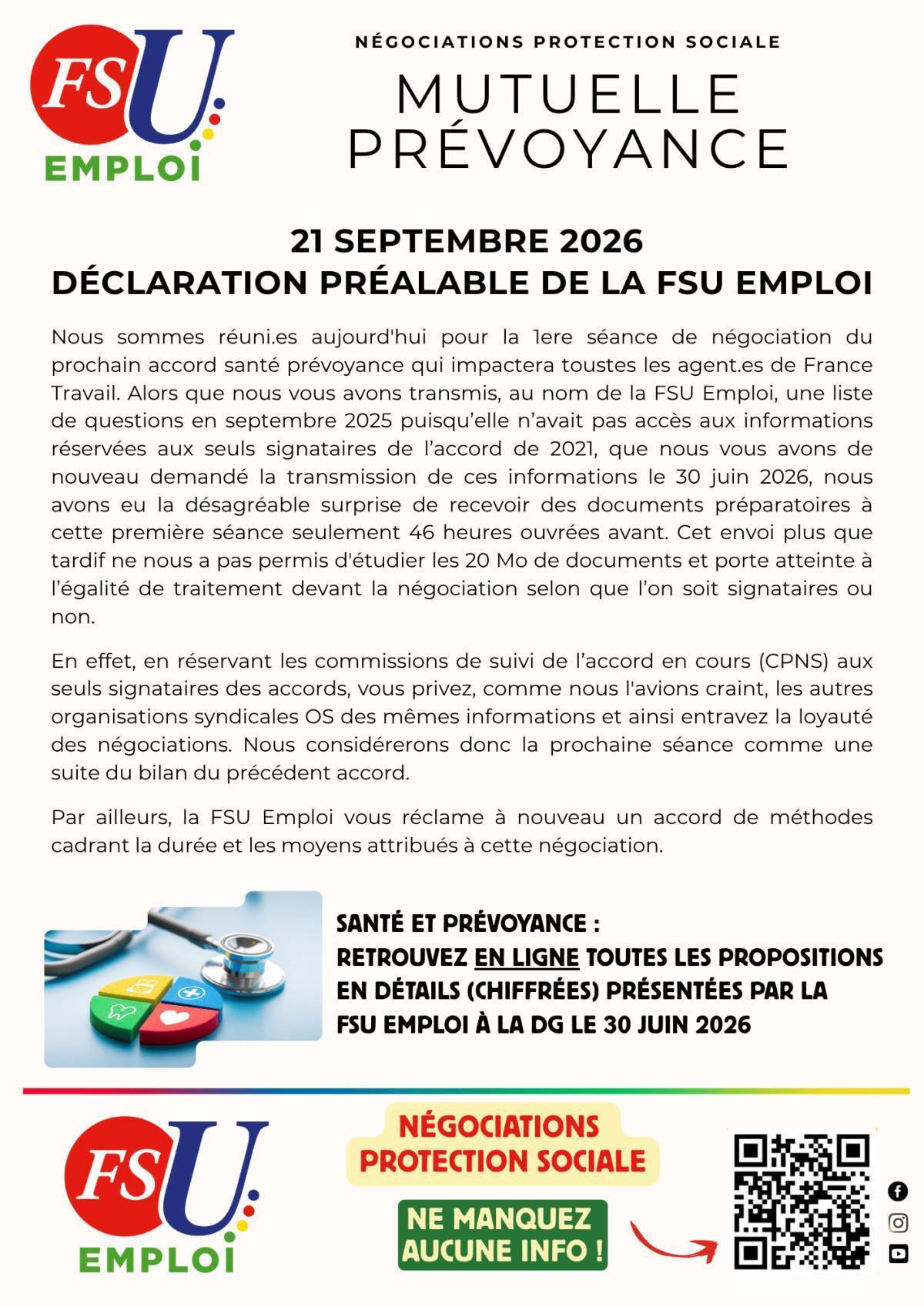 Protection sociale : déclaration préalable de la FSU Emploi Protection sociale : déclaration préalable de la FSU Emploi