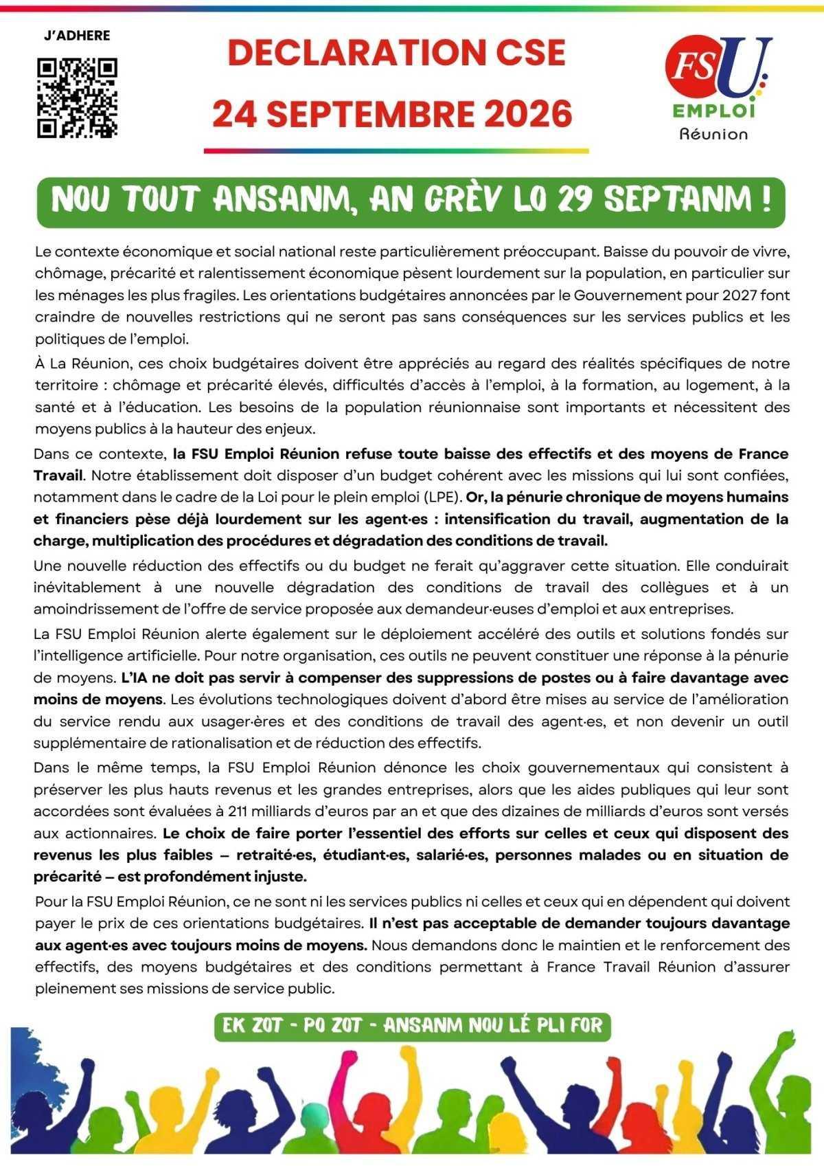 Déclaration de la FSU Emploi au CSE du 24 septembre 2026 : Nou Tout Ansanm, An Grèv lo 29 septanm ! Déclaration de la FSU Emploi au CSE du 24 septembre 2026 : Nou Tout Ansanm, An Grèv lo 29 septanm !