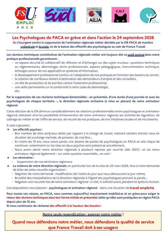 Grève des psychologues de France Travail PACA