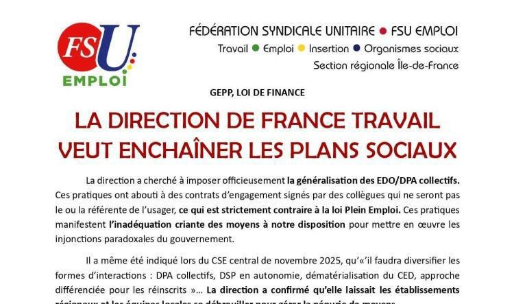 LA DIRECTION DE FRANCE TRAVAIL VEUT ENCHAÎNER LES PLANS SOCIAUX