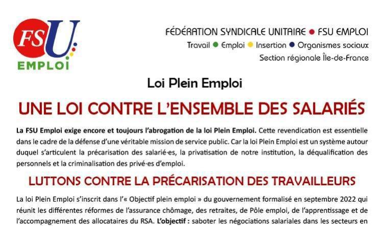 LOI PLEIN EMPLOI : UNE LOI CONTRE L'ENSEMBLE DES SALARIÉS